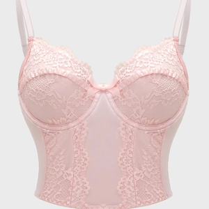 Damen Rosa Spitze Patchwork Bustier Top Sexy V-Ausschnitt Milchseide Korsett Camisole Mit Schleife Verstellbare Träger Mode Slim Top