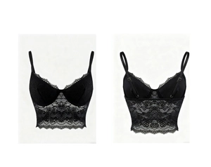 Close-up detail of sexy black lace camisole showing delicate crochet patterns and sheer mesh
