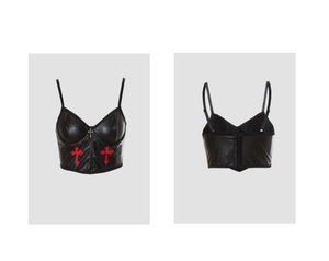 Front and back detail of a black PU corset top with red crosses and metallic pendant