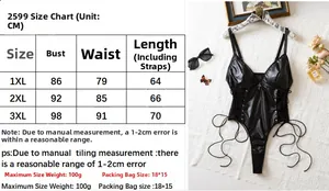 Größentabelle für schwarzen PU-Bodysuit mit detaillierten Maßen von Größe 1XL bis 3XL