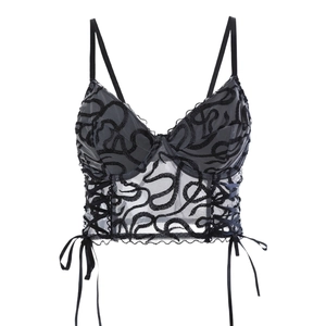 Haut corset noir à motif serpent avec laçage latéral et broderie sur maille