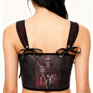 Gothic crop top with grim reaper print, black lace straps and satin bow back view