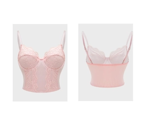 Vorder- und Rückansicht des rosa Spitzen-Camisole-Tops mit Blumenstickerei und Schleife