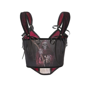 Gothic corset top with dark reaper print and black lace straps in red and black