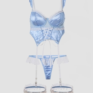 Sexy Blue Satin Lace Maid Uniform Set With Corset Top Thong And Garter Leg Straps Sweet Lolita Lingerie For Women