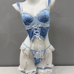 Three-piece light blue satin and white lace maid costume with garter belts and thong set