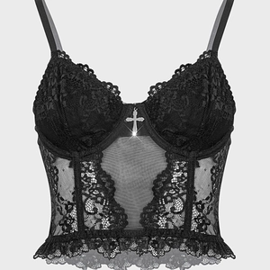 Gothic Black Lace Corset Top With Silver Cross Pendant Underwire Boned Camisole Adjustable Strap Bustier For Women