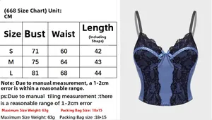 Size chart for the blue satin lace-up camisole top featuring detailed S to L measurements