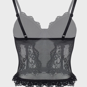 Back view of black lace corset top with adjustable straps and floral mesh details