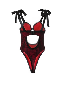 Detail of red lace bodysuit featuring black spider web texture and satin ribbon bows