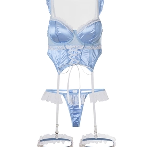 Three-piece light blue lace lingerie set with corset, garter belt and matching thong