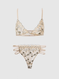 Detail of floral embroidery on beige mesh lingerie set with delicate lace patterns