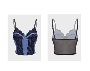 Front and back detail of blue satin corset top with black lace trim and bow accent