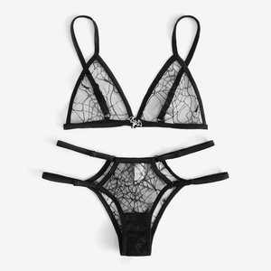 Gothic black lace lingerie set with spider web mesh and silver bat pendant