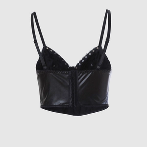 Sexy punk black PU leather corset top with silver rivets and fishbone structure