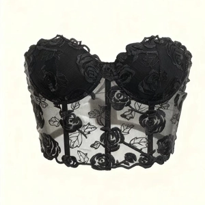 Black mesh bustier corset with rose embroidery and structured boning, front view