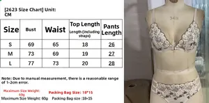 Detailed size chart for lace embroidery lingerie set showing measurements in CM