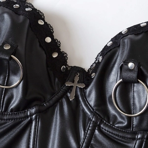 Sexy punk PU leather corset top with silver rivets, cross pendant, and lace trim