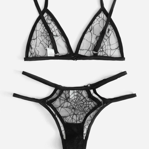 Two-piece black spider web lace lingerie set with triangle bra and thong for Halloween