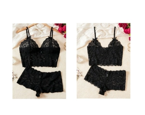 Vue détaillée d'un ensemble de lingerie en dentelle noire avec bretelles en soie