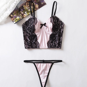 Ensemble Lingerie Sexy Femme Dentelle Rose et Noir Haut et Bas en Polyester Respirant avec Décoration de Nœud Papillon