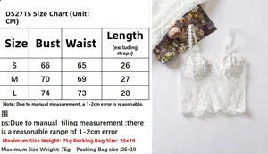 Size chart detail for white lace corset top with pearl decor and slim fit measurements