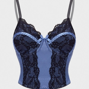 Vintage blue satin camisole with black lace patchwork and slim fit corset design