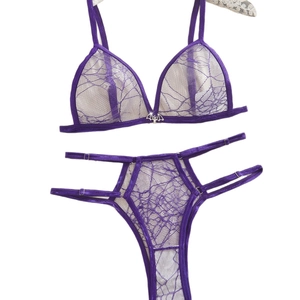 Purple lace lingerie set with spiderweb pattern and silver bat charm for Halloween