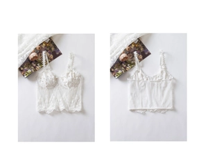 Detailed views of white lace corset top with delicate pearl beads and sheer floral mesh