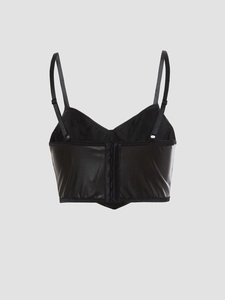 Close-up of the back hook-and-eye closure and adjustable straps on the PU corset top