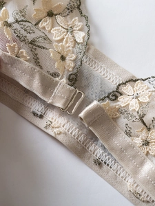 Close-up of champagne lace embroidery and mesh detailing on a luxury lingerie set