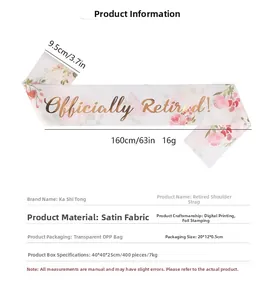 Detailed size chart for white satin Officially Retired sash with gold foil and pink floral print