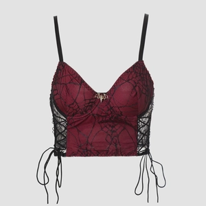 Gothic Spider Web Lace Camisole Women Burgundy Black Lace-up Crop Top With Bat Pendant Vintage Punk Party Top