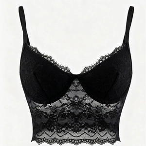 Sexy black lace camisole top with floral embroidery and delicate eyelash lace trim