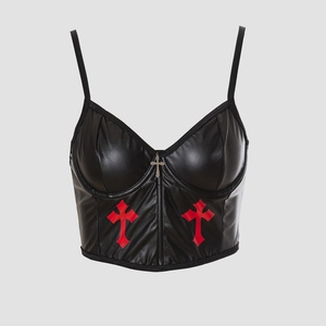 Women Punk Gothic PU Faux Leather Bustier Crop Top Red Cross Print Camisole With Metal Cross Pendant Sexy Slim Tank Top