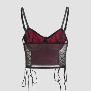 Gothic spider web lace-up camisole in dark red satin and black mesh patchwork
