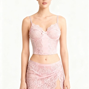 Rosa Satin-Top Set mit Spitzenbesatz und Schleife, elegantes und schlankmachendes Design