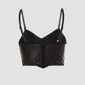 Gothic black PU leather bustier crop top with adjustable straps and hook-and-eye back