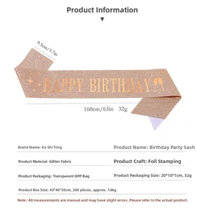 Size specifications of the Happy Birthday glitter sash with bronzing text and dimensions