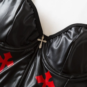 Gothic black PU leather corset top featuring red cross prints and silver cross pendant