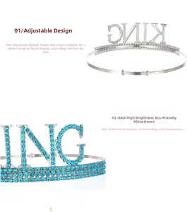 Détail du bandeau couronne ajustable avec texte KING et strass bleus brillants