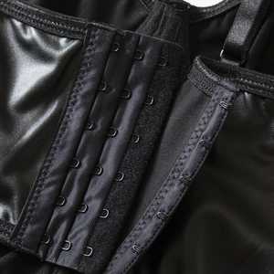Dark gothic black PU leather corset top featuring adjustable three-row metal hook eye closure