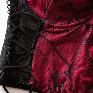 Gothic red satin camisole with black lace spiderweb overlay and side lace-up detailing