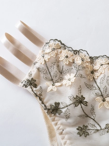 Close-up of beige mesh lingerie featuring exquisite floral embroidery and delicate lace edges