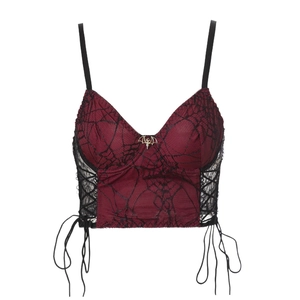 Gothic wine red camisole featuring black spiderweb print and a metal bat pendant