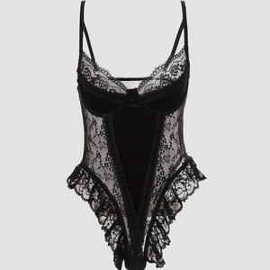 Women Sexy Black Lace Velvet Patchwork Bodysuit Lingerie V Neck Adjustable Strap Eyelash Lace Trim Ruffle Hem Teddy Underwear
