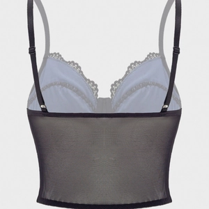 Sexy black lace-trimmed mesh camisole with adjustable straps and slimming fit style