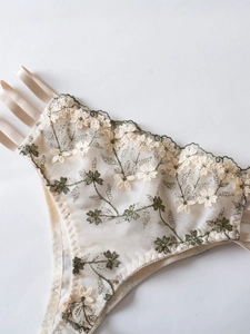 Close-up of floral embroidery on sheer mesh panties with triple side strap details