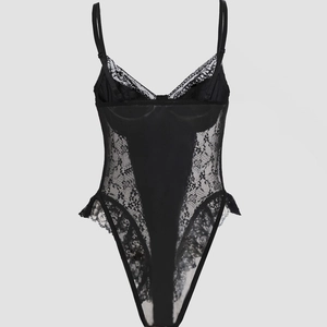 Sexy black lace bodysuit for women featuring a deep V-neck and adjustable straps