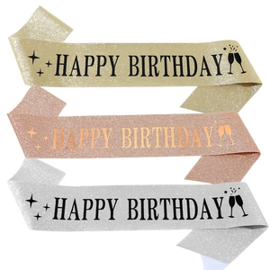 Three-piece glitter fabric birthday sash set in gold, rose gold and silver with black text